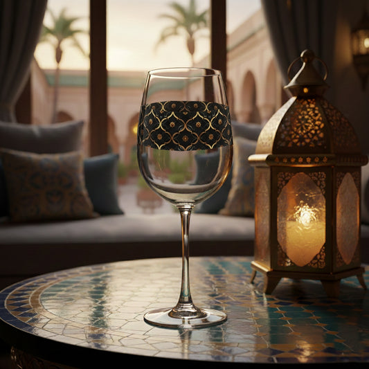 Midnight Marrakech tall wine glass with black and gold design sitting on a table with a lantern and outdoor setting
