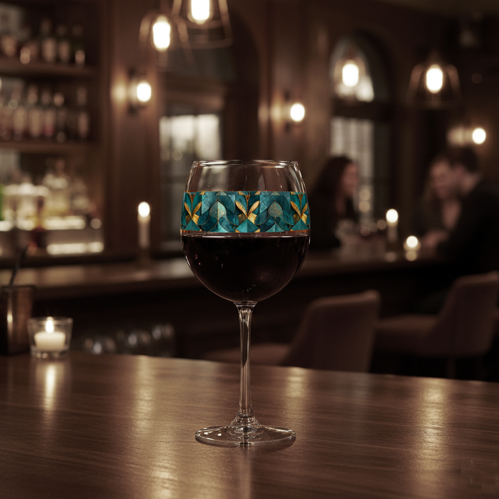 Gilded Patina balloon wine glass with decorative teal and gold design on a bar in a rustic speakeasy