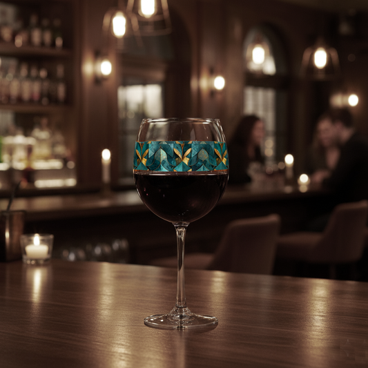 Gilded Patina balloon wine glass with decorative teal and gold design on a bar in a rustic speakeasy