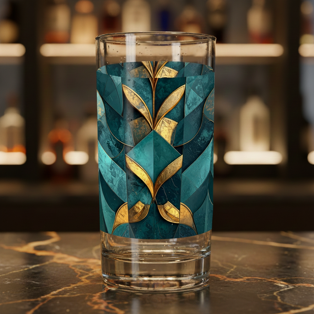 Gilded Patina highball glass with teal and gold architectural design on a dark marble surface with blurred bar background