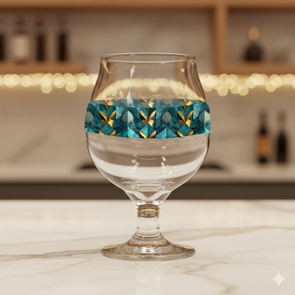 Gilded Patina Belgian beer glass with a teal and gold pattern on a marble surface with blurred bar background