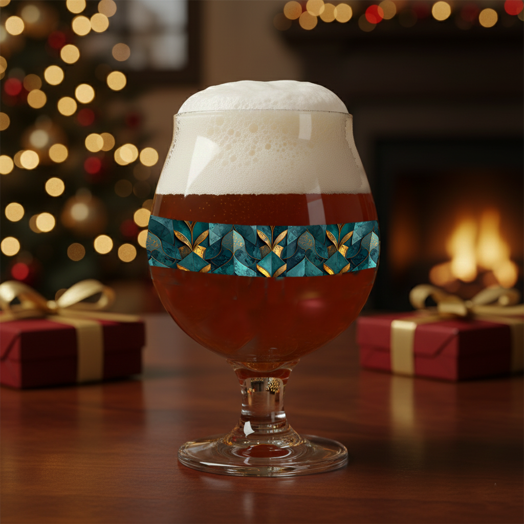 Gilded Patina Belgian glass of dark beer with teal and gold pattern on a wooden table, blurred bar background