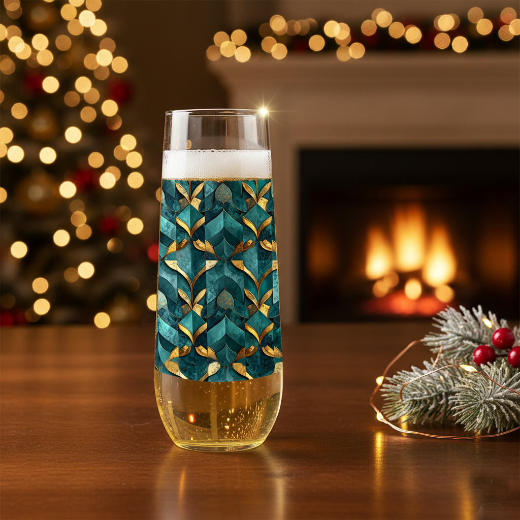Gilded Patina stemless flute glass filled with champagne in a teak and gold pattern on a wooden table in front of a fireplace and Christmas tree.