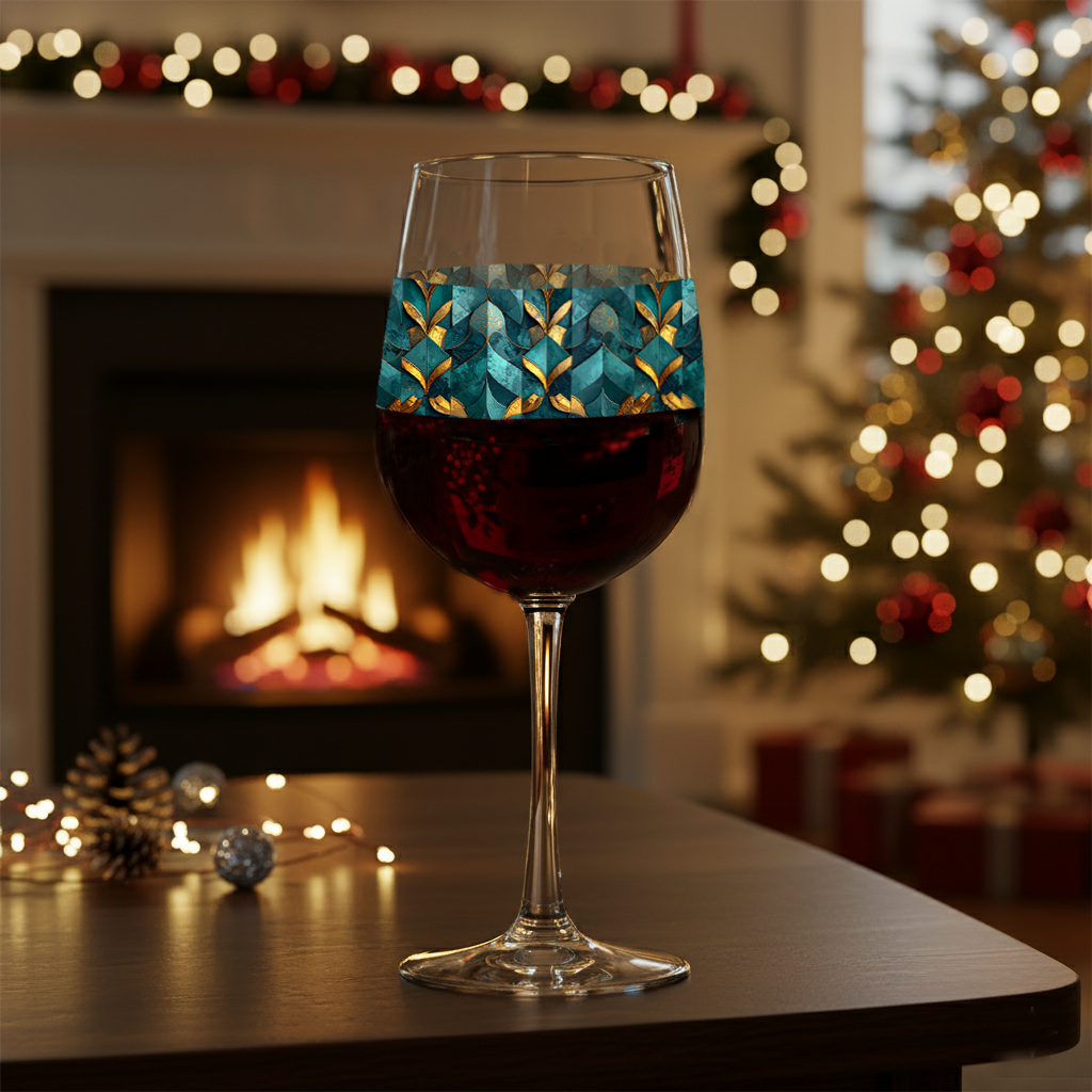 Gilded Patina tall wine glass with decorative teal and gold design sitting on a table front of a fireplace and Christmas tree.