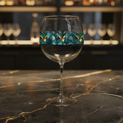 Gilded Patina decorative balloon wine glass with teal and gold geometric pattern on a dark marble surface and blurred background
