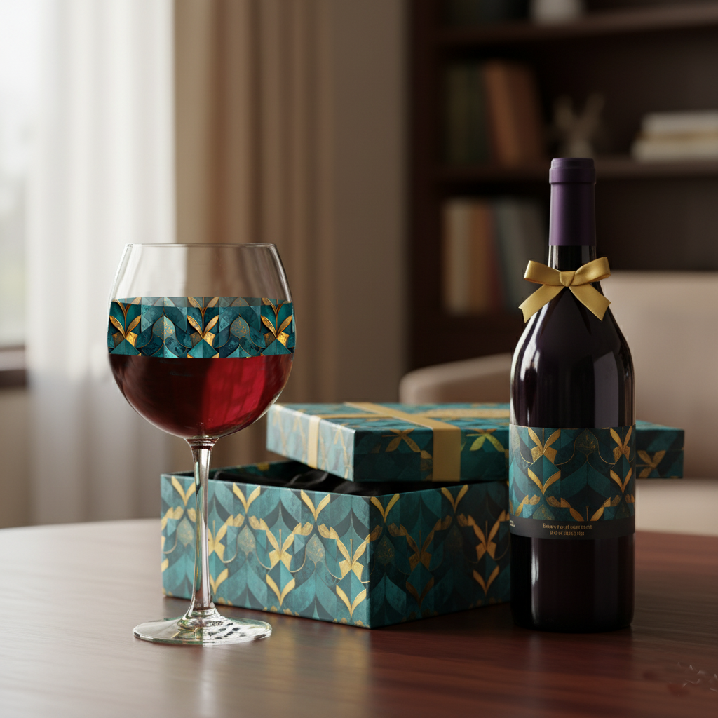 Gilded Patina balloon wine glass with decorative teal and gold design and a wine bottle with matching label and decorative boxes on a table.