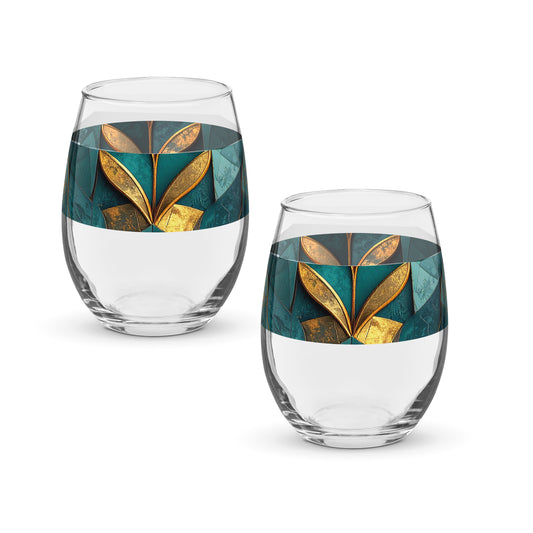 Two stemless wine glasses with teal and gold geometric patterns on a white background