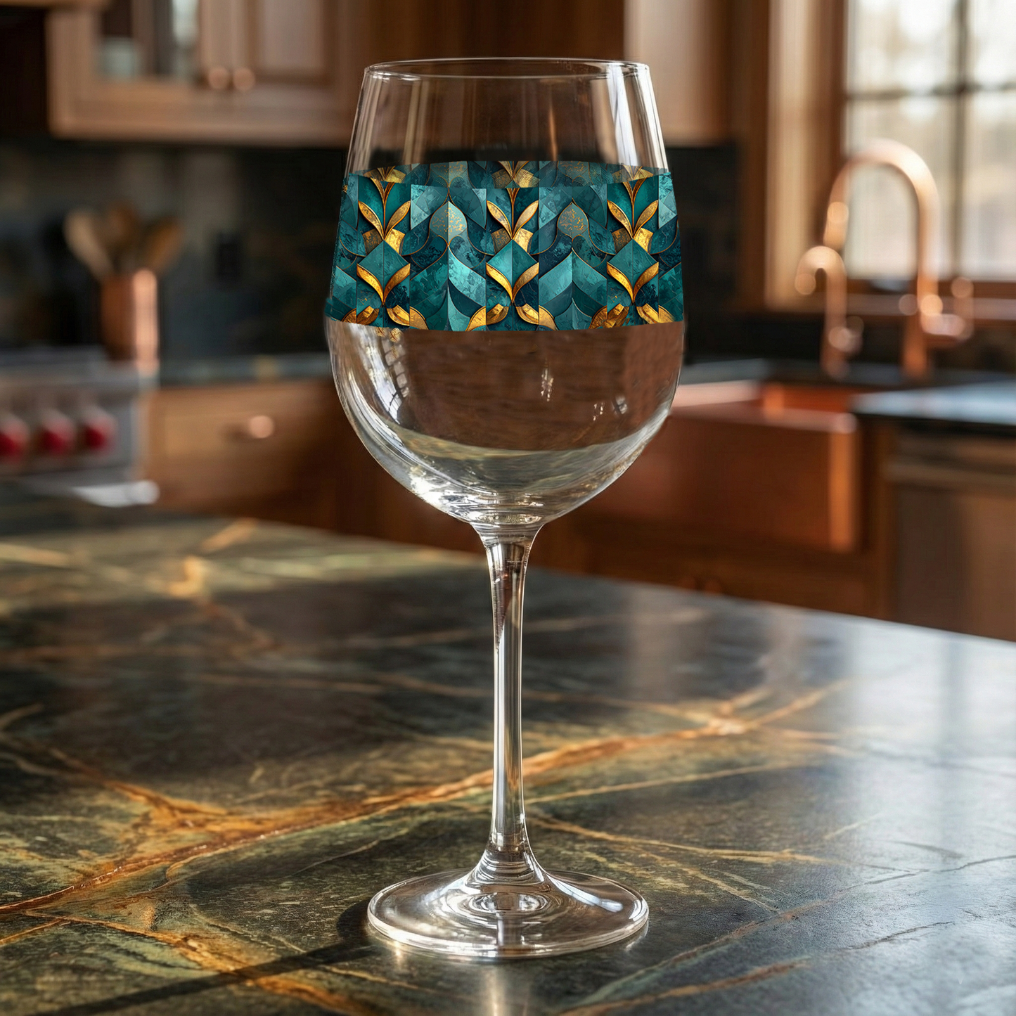 Gilded Patina tall wine glass with a teal and gold decorative design sitting on a dark marble surface with blurred kitchen background 