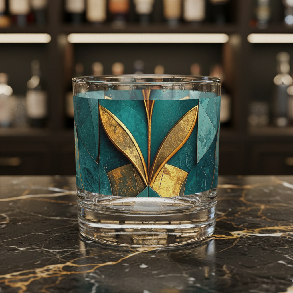 Gilded Patina rocks glass with teal and gold design on a dark marble surface with blurred bar background