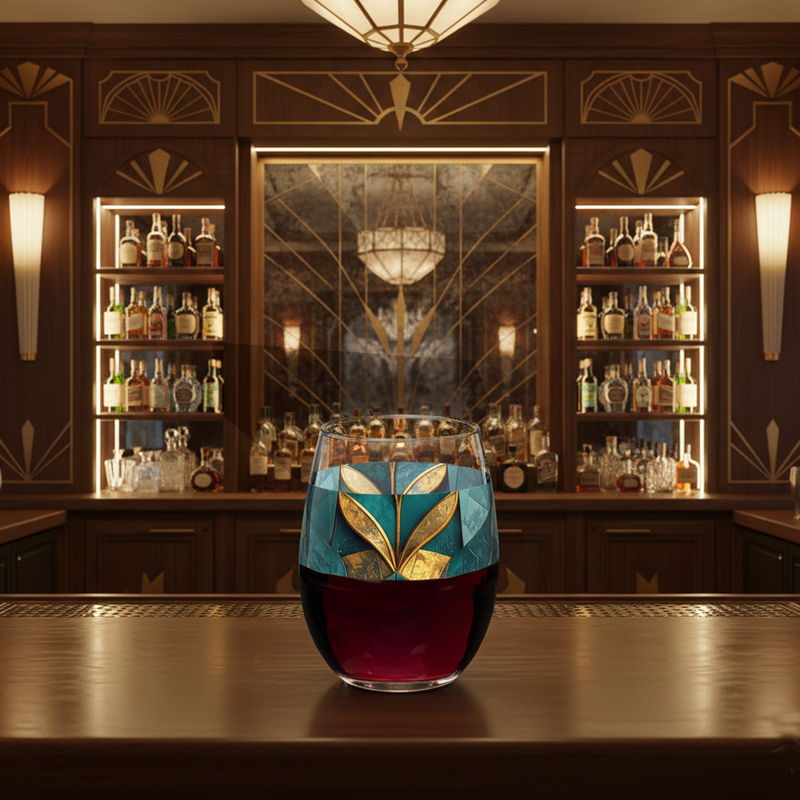 Gilded Patina stemless glass filled with red wine in a teal and gold design on a bar in a art-deco lounge setting and liquor bottles and lights in the background
