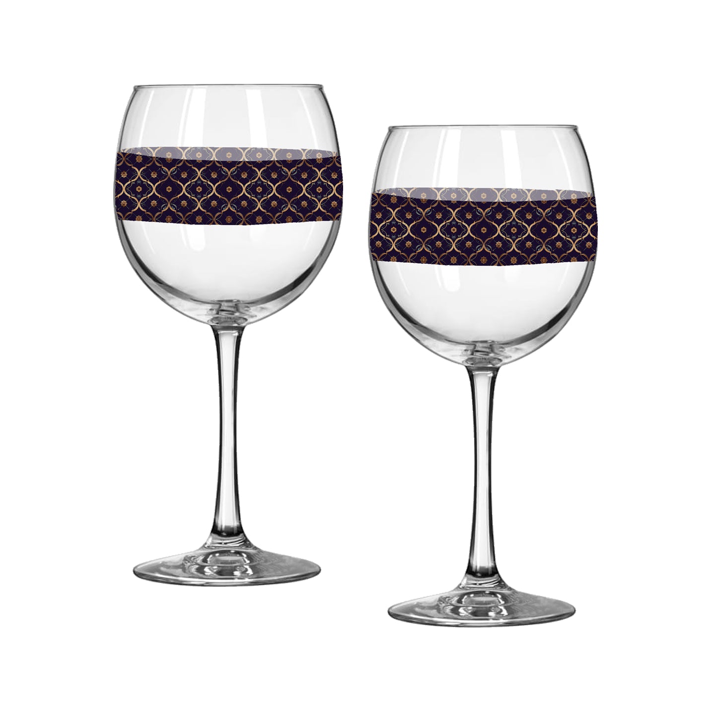 Two balloon wine glasses with violet and gold wrap design on a white background
