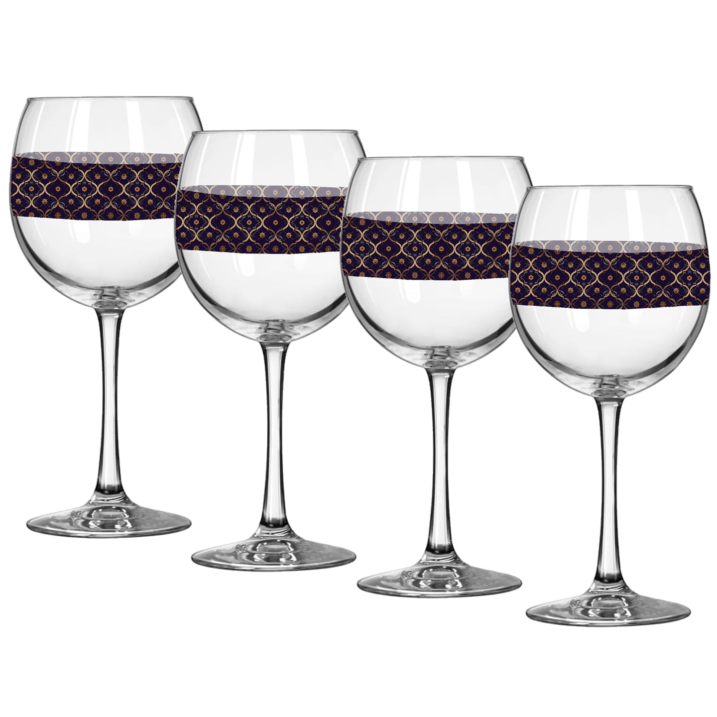 Four balloon wine glasses with violet and gold wrap design on a white background