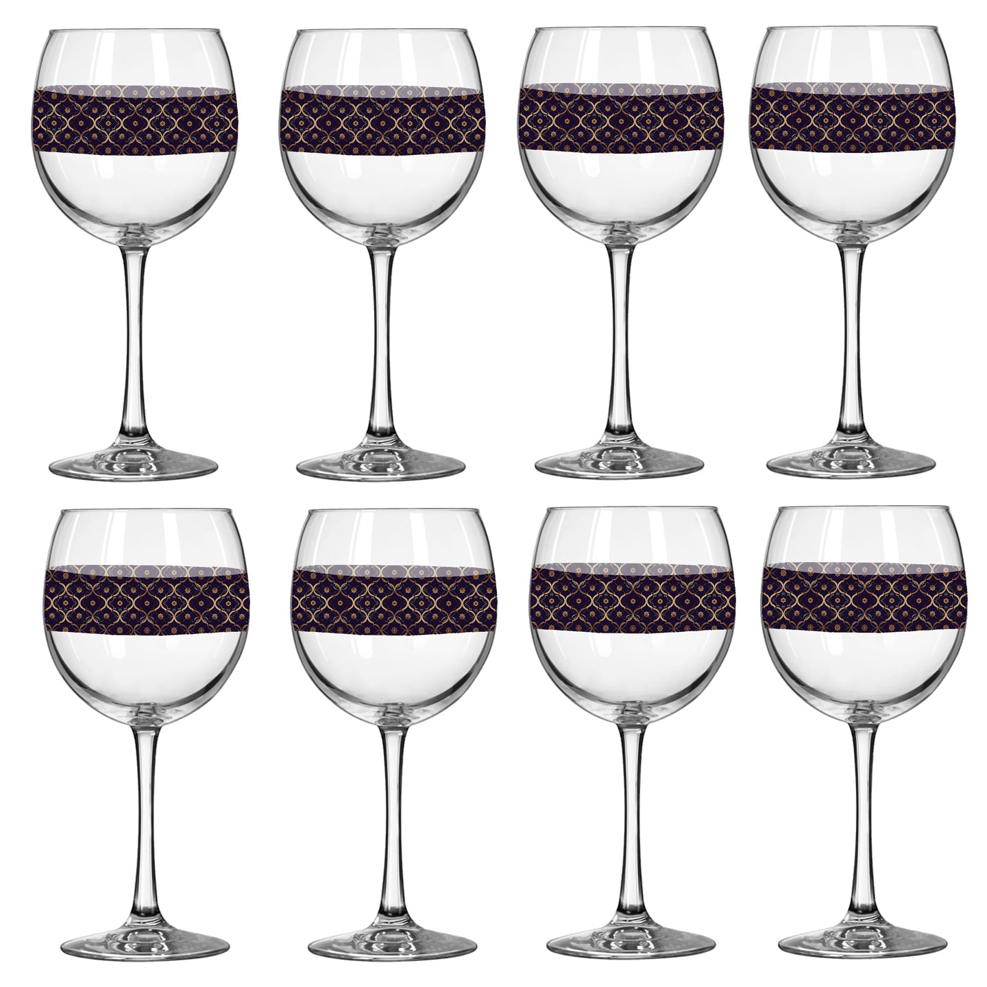 Set of eight balloon wine glasses with a violet and gold wrap design on a white background