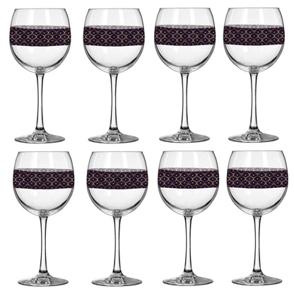 Set of eight balloon wine glasses with a violet and gold wrap design on a white background