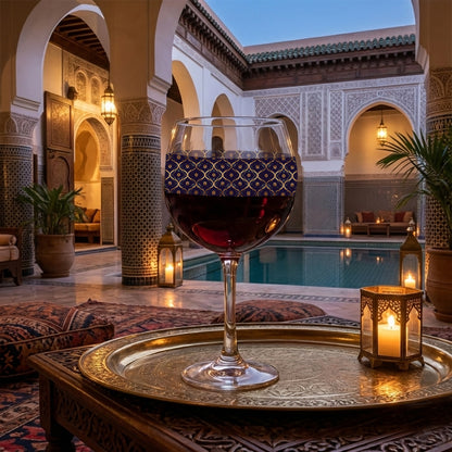 Midnight Marrakech balloon wine glass with a violet and gold design and filled with red wine, sitting on a tray with a pool and Moroccan architecture in the background