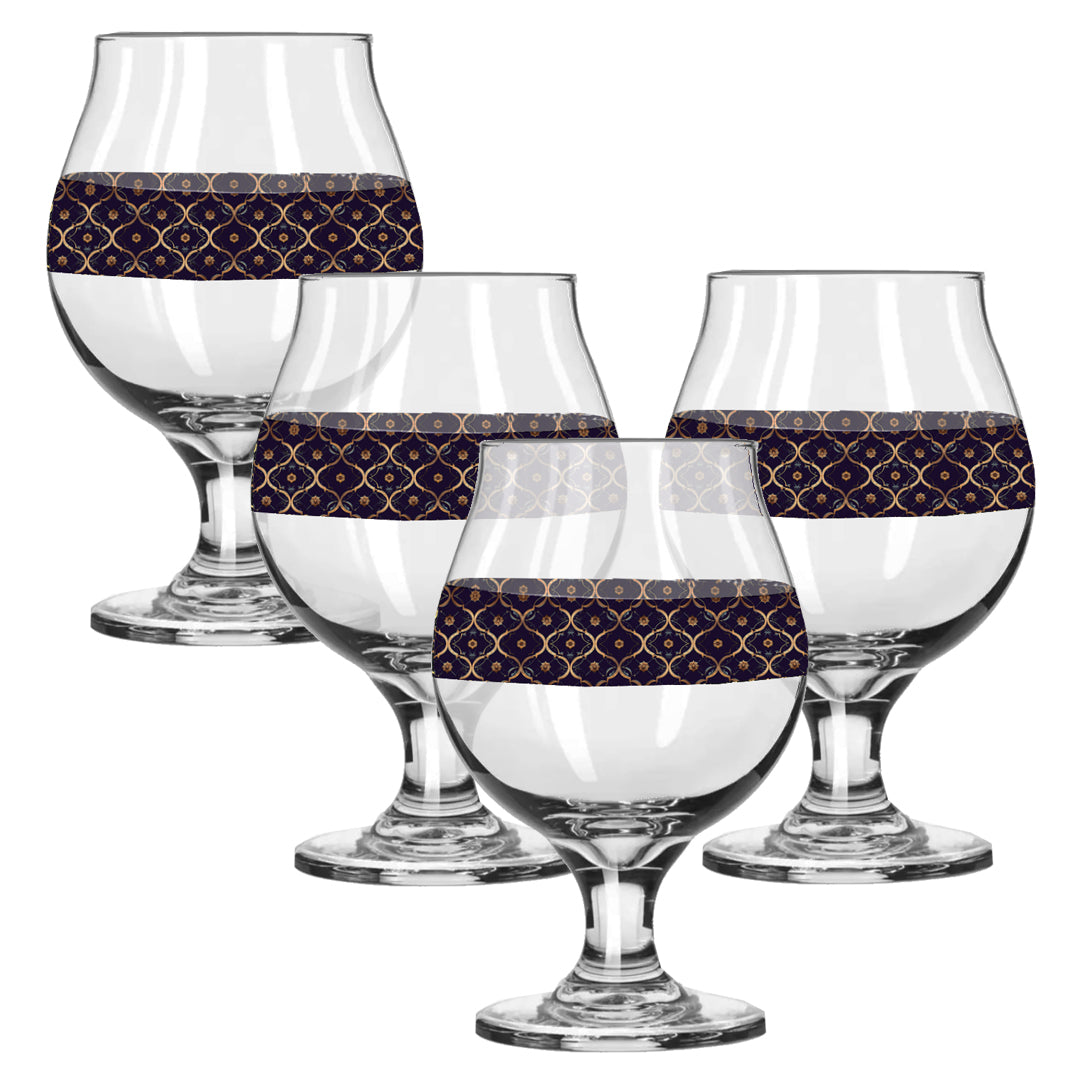 Set of four Belgian beer glasses with violet and gold wrap design on a white background