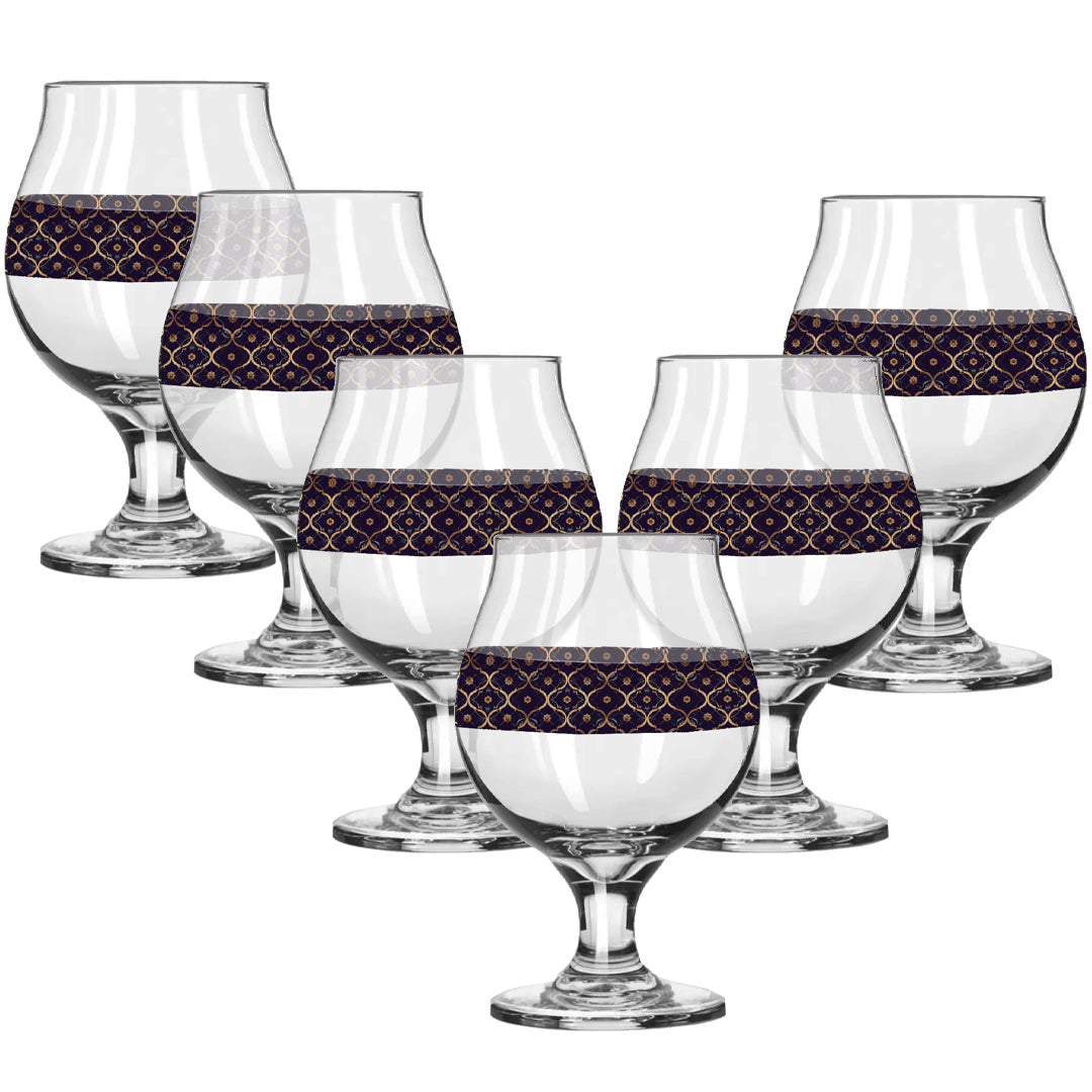 Set of six Belgian beer glasses with violet and gold wrap design on a white background