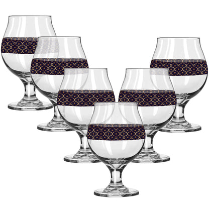 Set of six Belgian beer glasses with violet and gold wrap design on a white background
