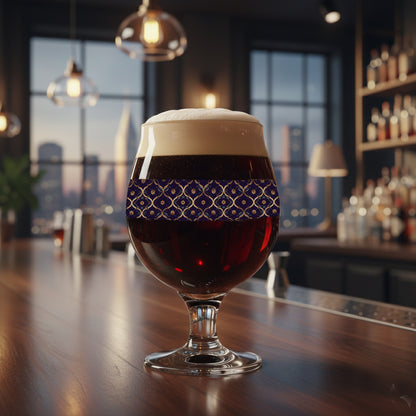 Midnight Marrakech Belgian beer glass with a violet and gold design and filled with dark beer and foam, sitting on a bar counter with liquor bottles and large window with city view in the background