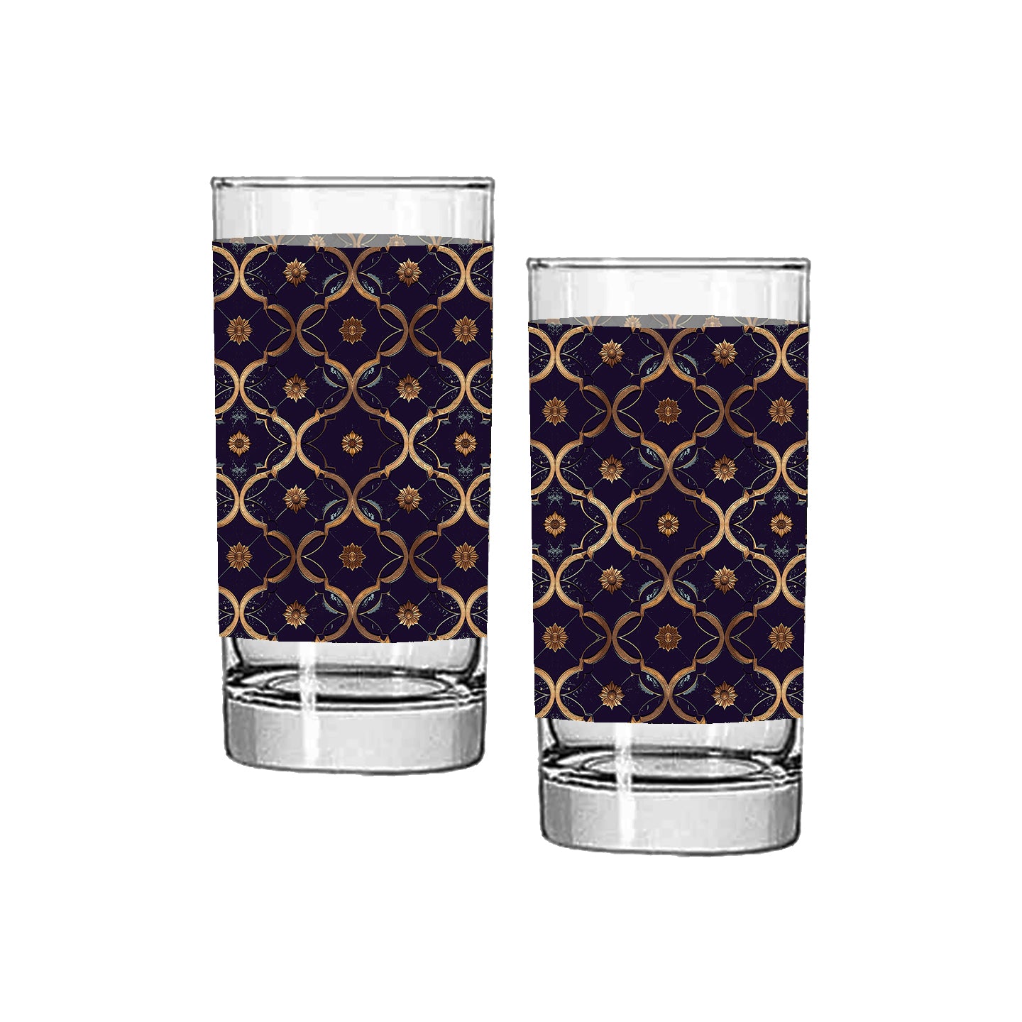 Two highball glasses with a violet and gold wrap design on a white background