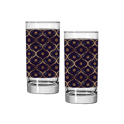 Two highball glasses with a violet and gold wrap design on a white background