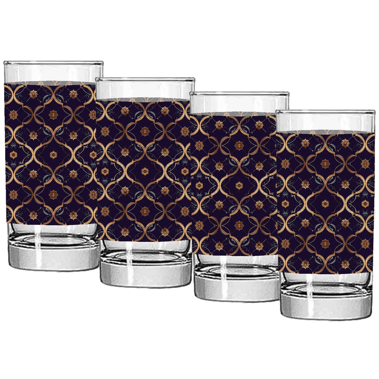 Four highball glasses with a violet and gold wrap design on a white background