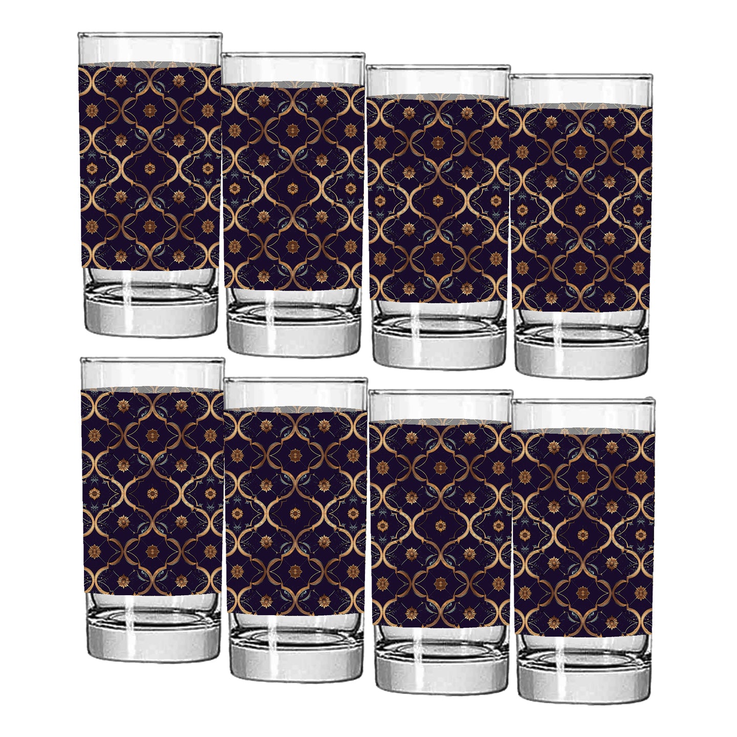 Set of eight highball glasses with a violet and gold wrap design on a white background
