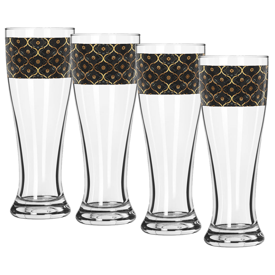 Four Pilsner beer glasses with violet and gold wrap design on a white background