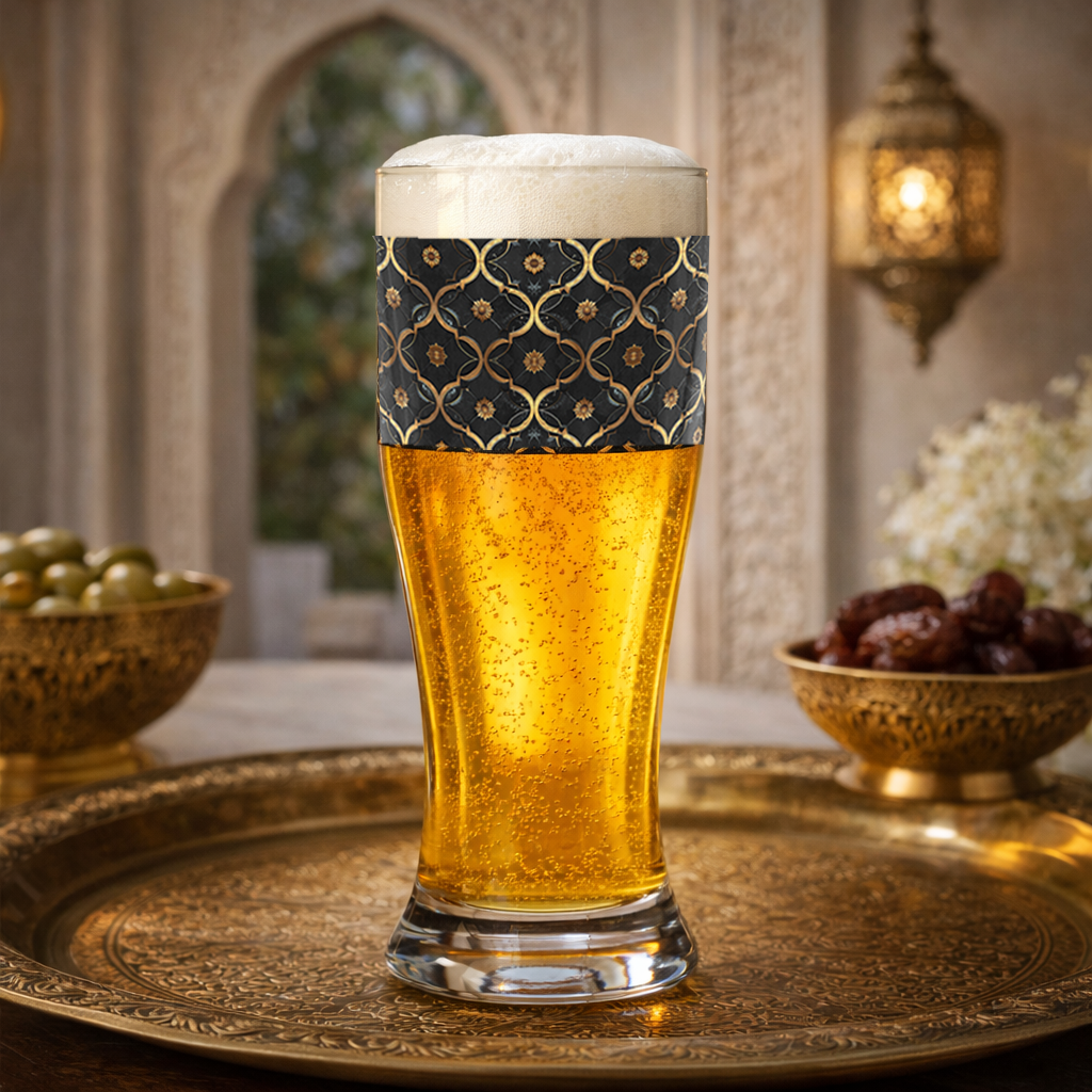 Midnight Marrakech pilsner beer glass filled with beer and foam, and with a violet and gold design sitting on a tray in an elegant Moroccan setting
