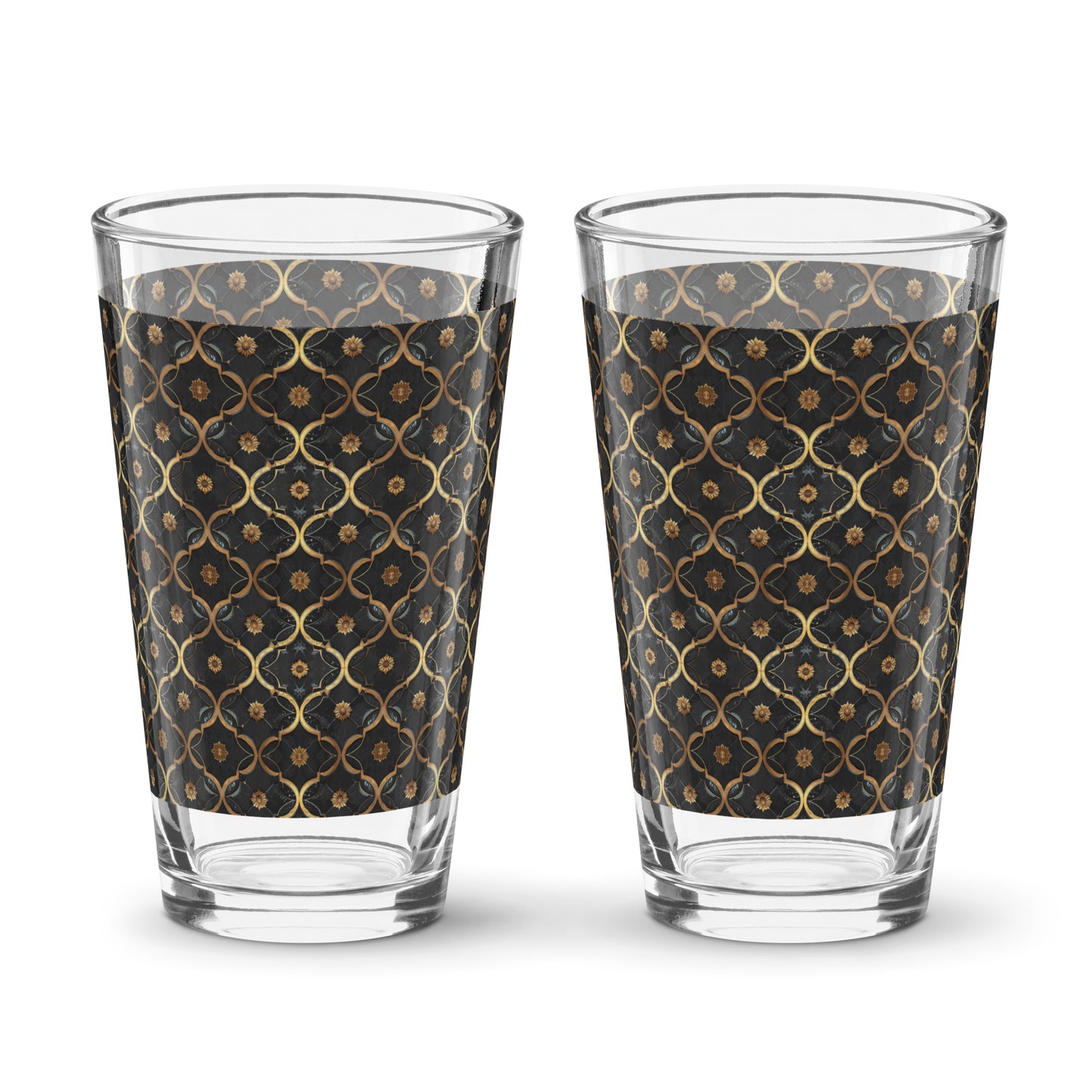 Two pint beer glasses with violet and old geometric design on a white background