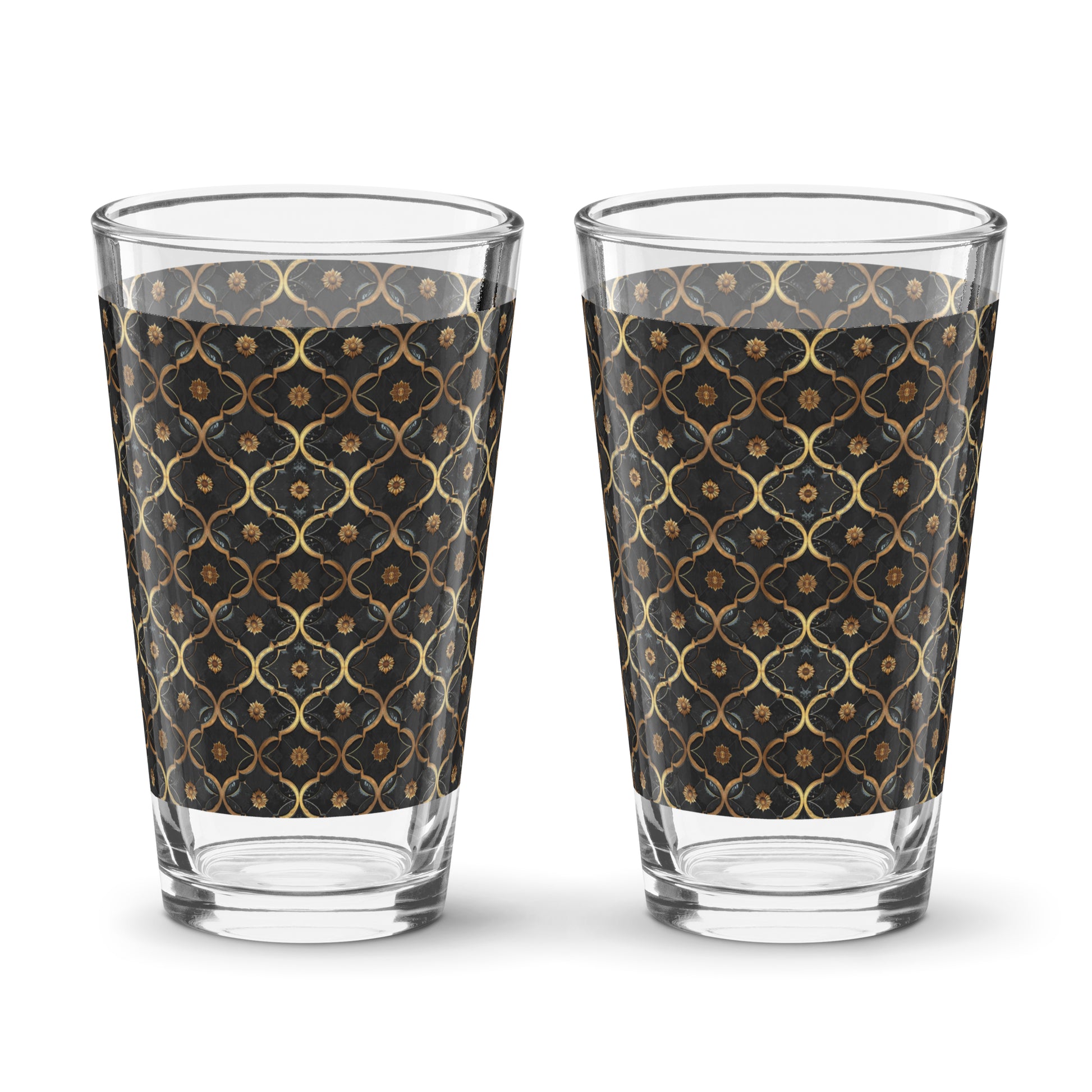 Two pint beer glasses with violet and old geometric design on a white background