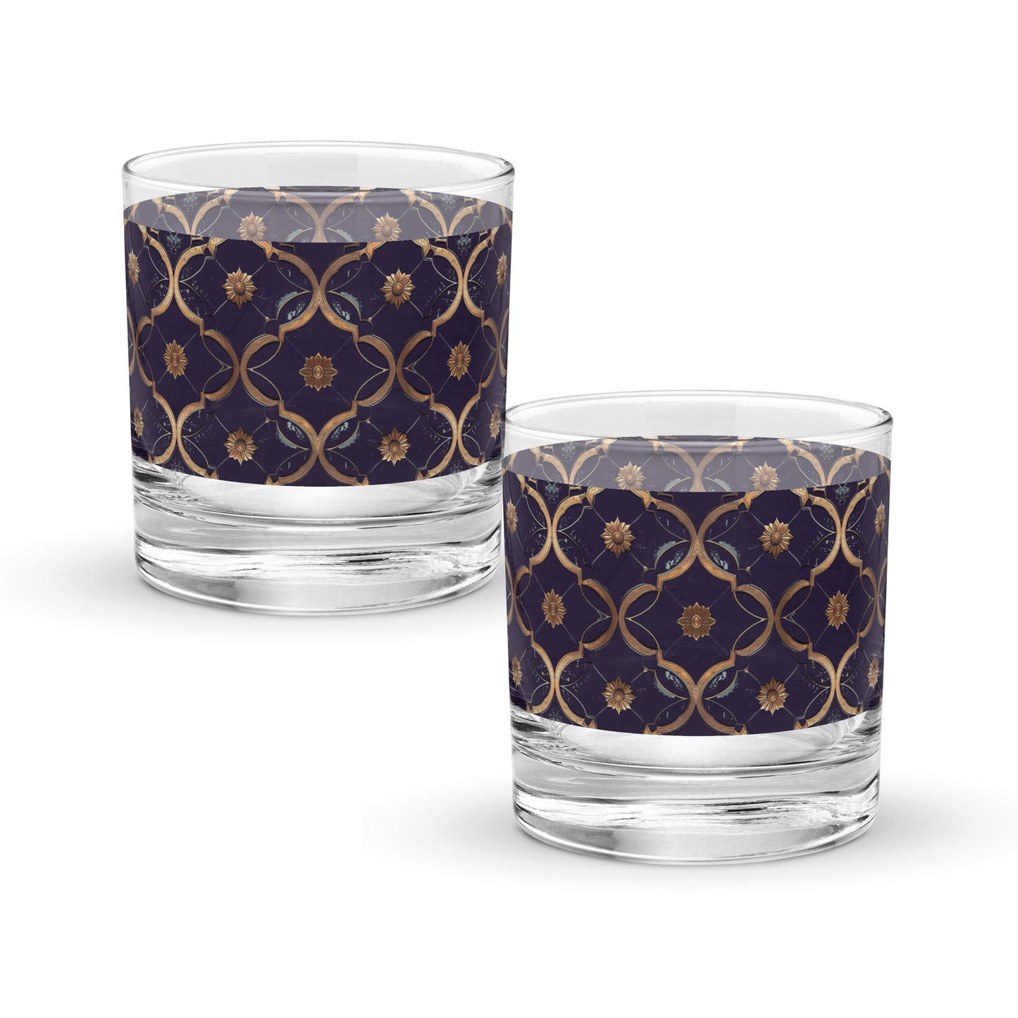 Two rock glasses with a violet and gold wrap design on a white background.