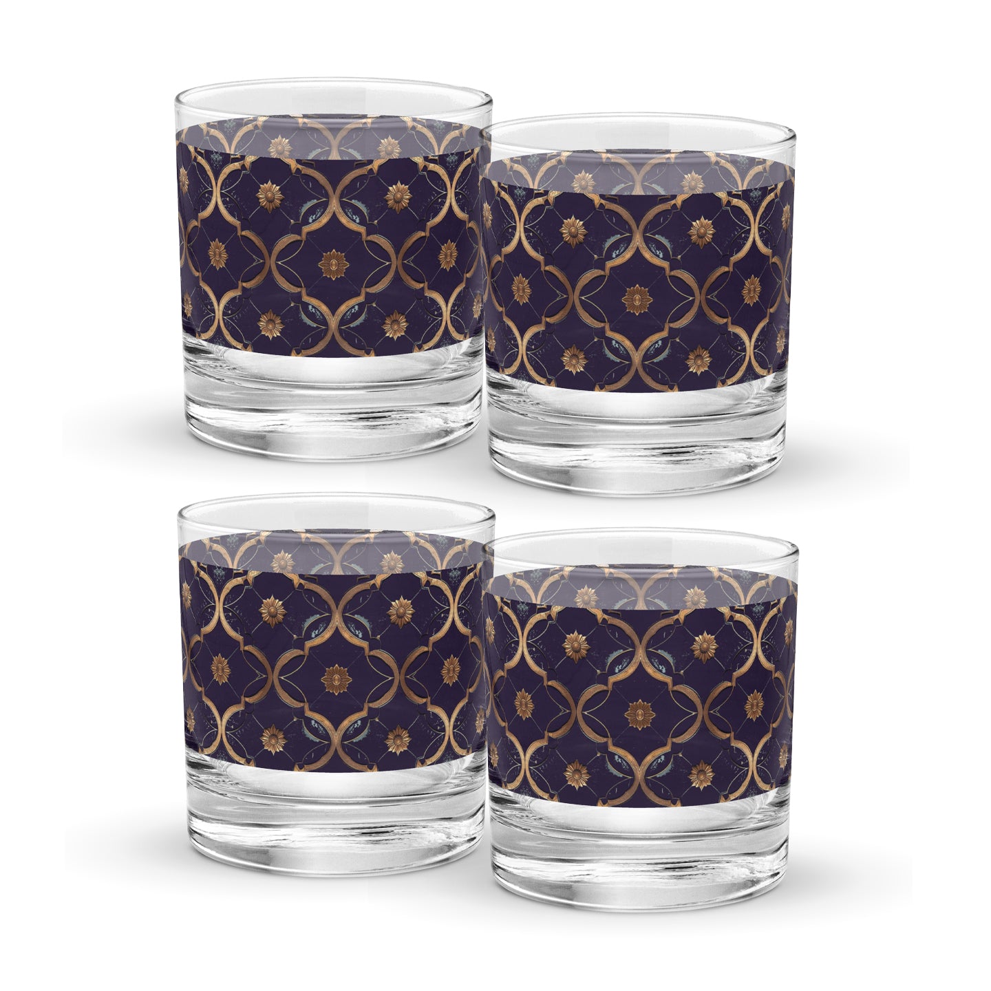 Four rock glasses with violet and gold wrap design on a white background