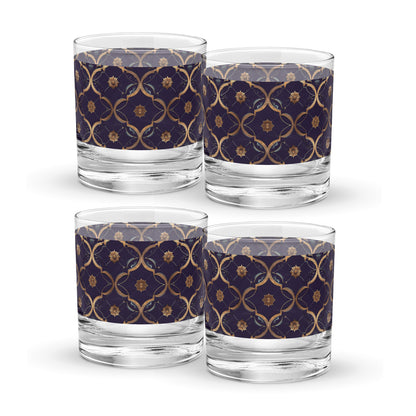 Four rock glasses with violet and gold wrap design on a white background