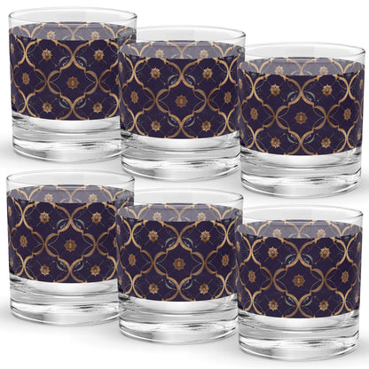 Set of six rock glasses with violet and gold wrap design on a white background