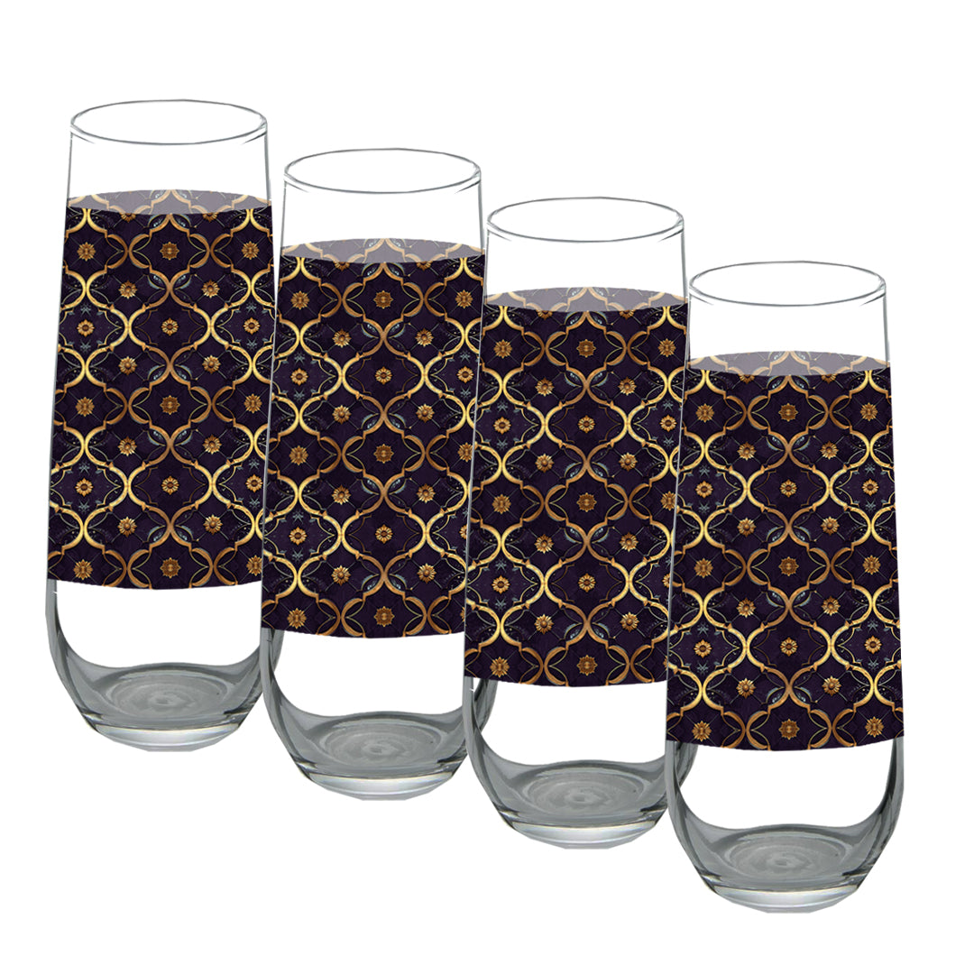 Set of four stemless champagne glasses with violet and gold wrap design on a white background