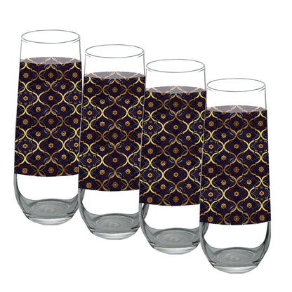 Set of four stemless champagne glasses with violet and gold wrap design on a white background