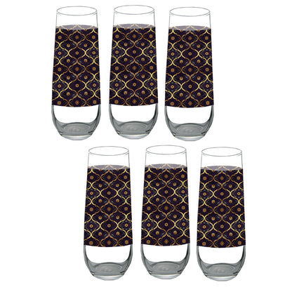 Set of six stemless champagne glasses with violet and  gold wrap design on a white background
