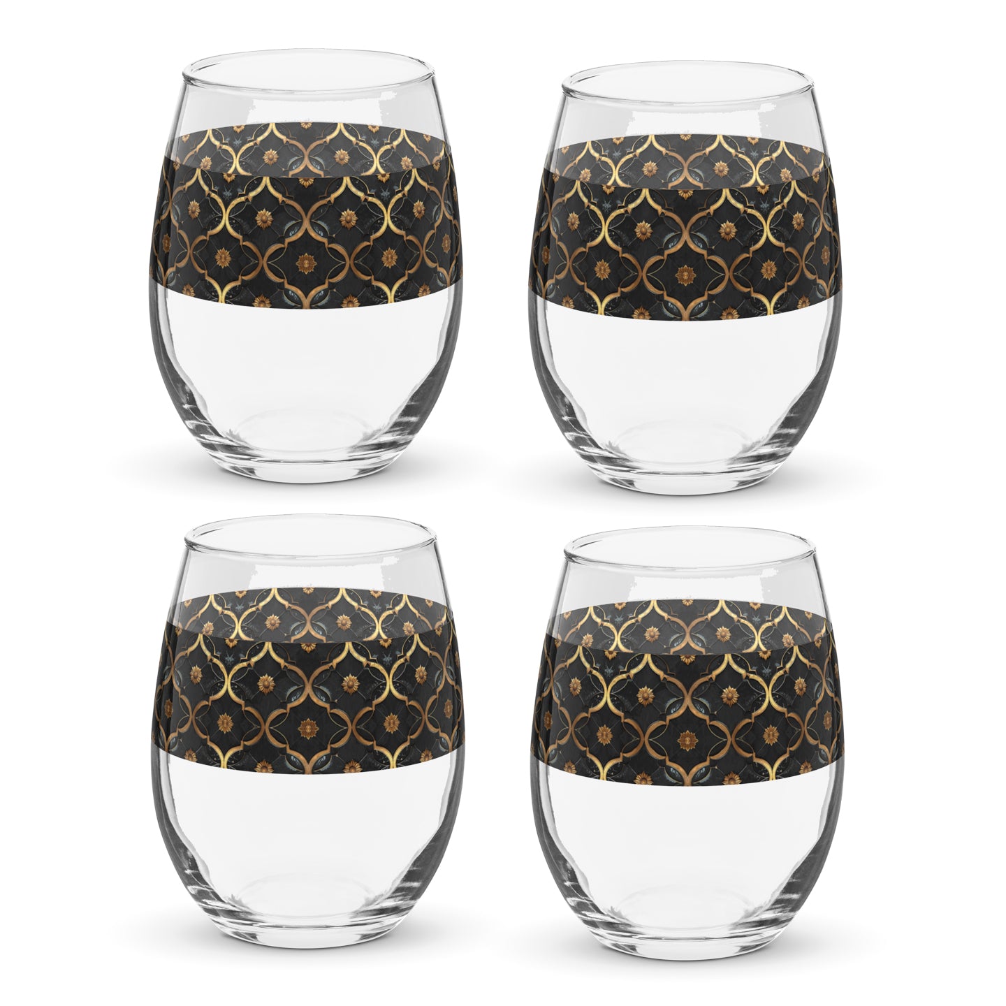 Four clear Midnight Marrakech stemless wine glasses with violetand gold wrap design on a white background