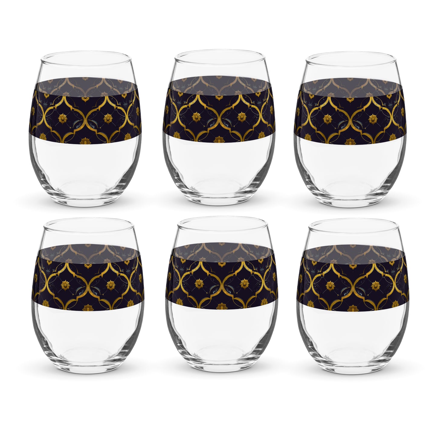 Set of six stemless wine glasses with violet and gold wrap design on a white background