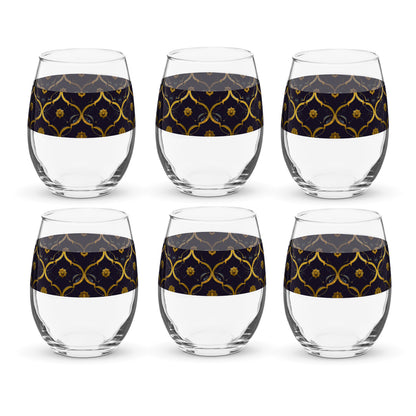 Set of six stemless wine glasses with violet and gold wrap design on a white background