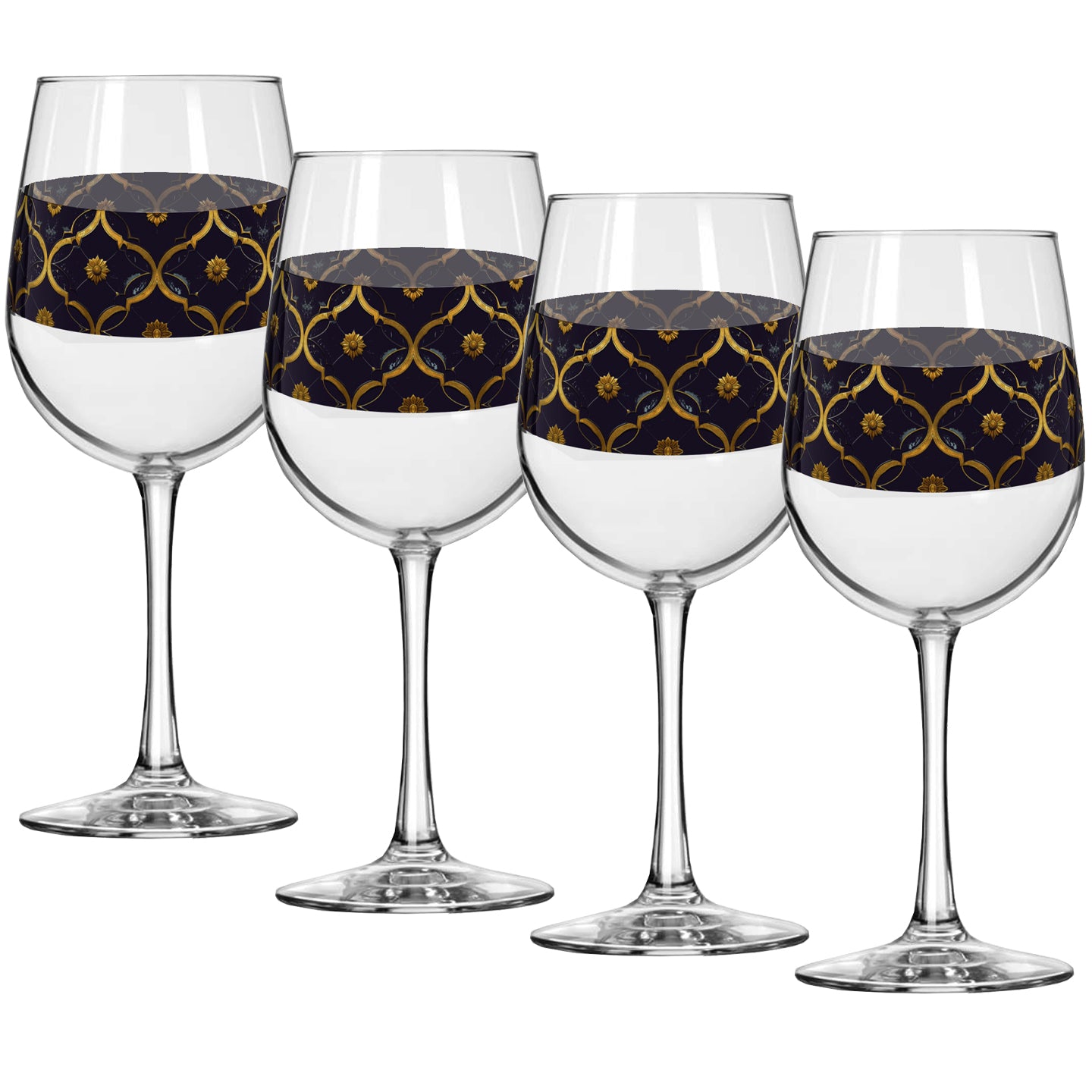 Four tall wine glasses with violet and gold wrap design on a white background