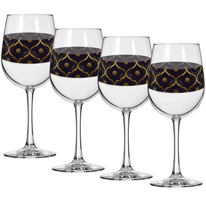 Four tall wine glasses with violet and gold wrap design on a white background