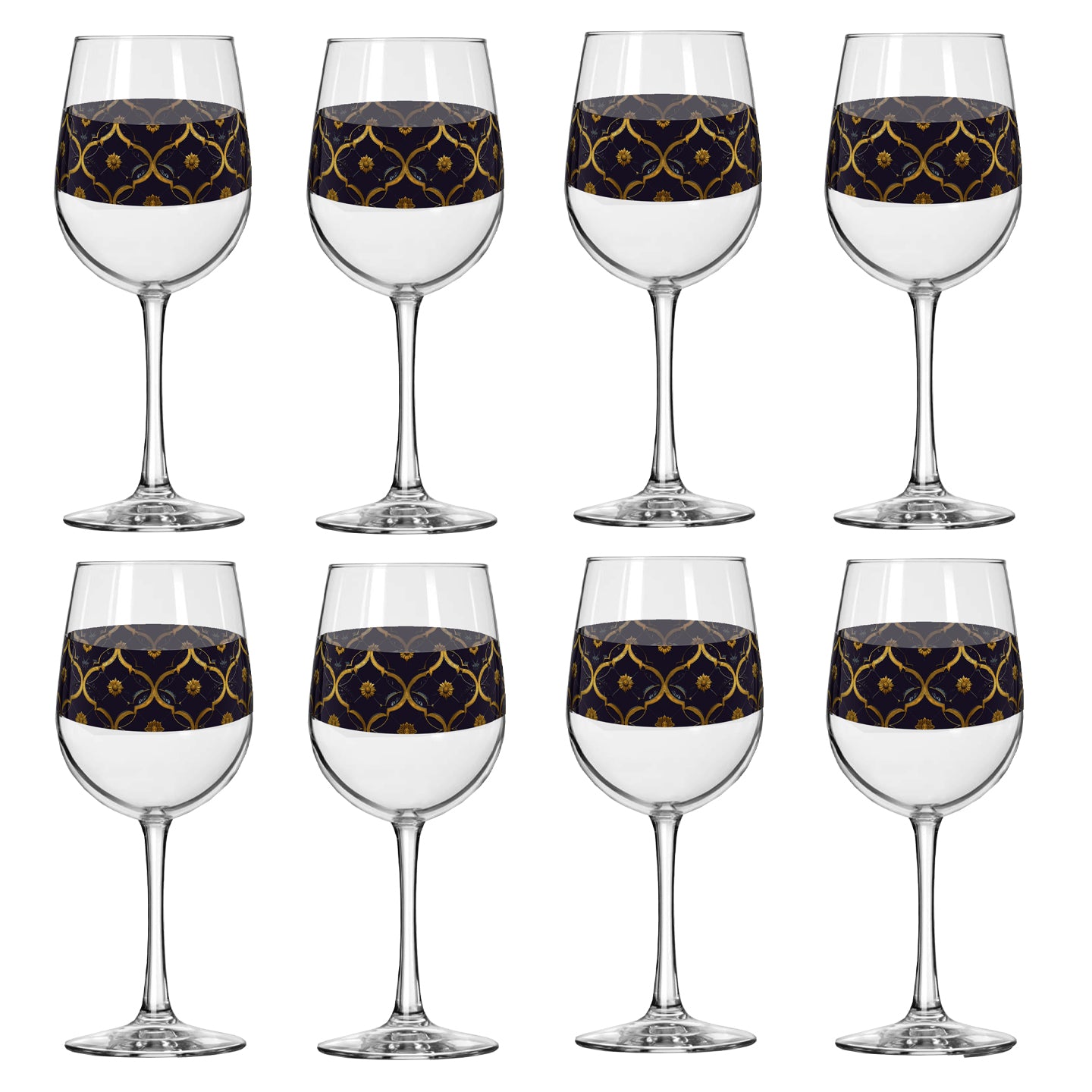 Set of eight wine glasses with violet and gold wrap design on a white background