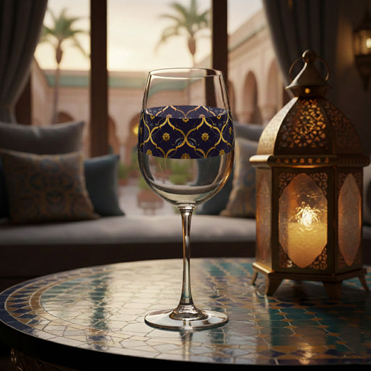 Midnight Marrakech tall wine glass with violet and gold design sitting on a table with a lantern and outdoor setting