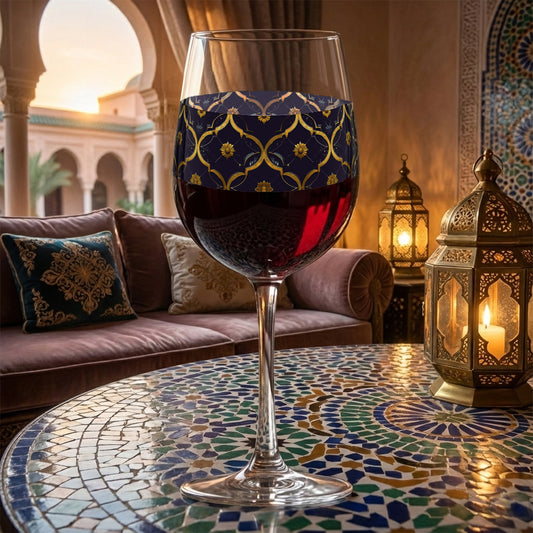 Midnight Marrakech tall wine glass with violet and gold design and sitting on a mosaic table in a cozy indoor setting.